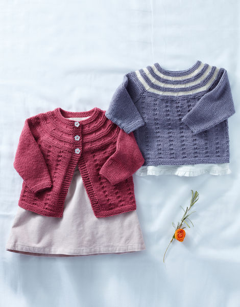 Sirdar 5291 uses Snuggly DK yarn to knit this cardigan and sweater. Uses #3 weight yarn. Sizes birth to 2 years. 